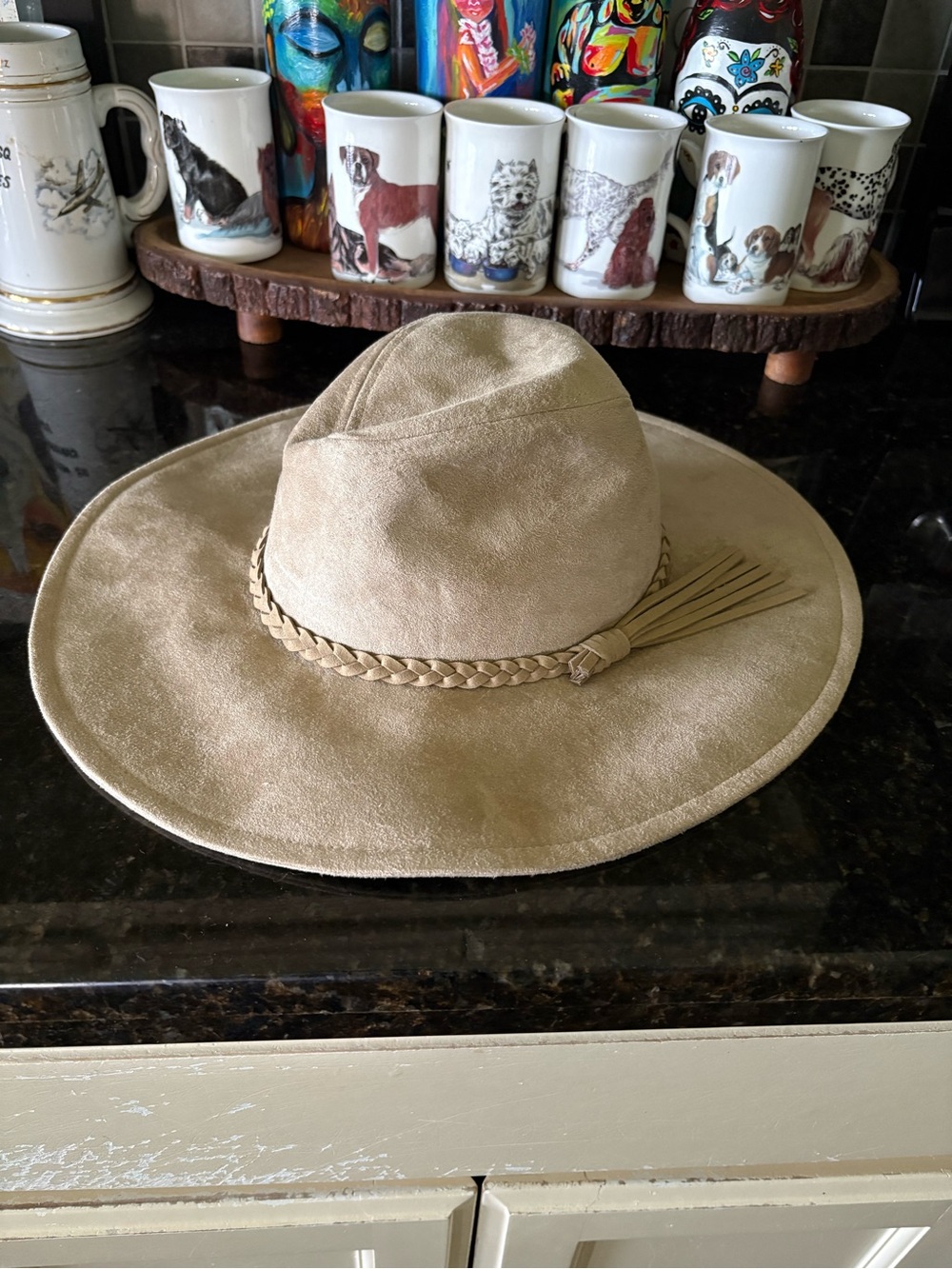 Anthropologie Beige Suede Wide-Brim Hat with Braided Band and Tassel